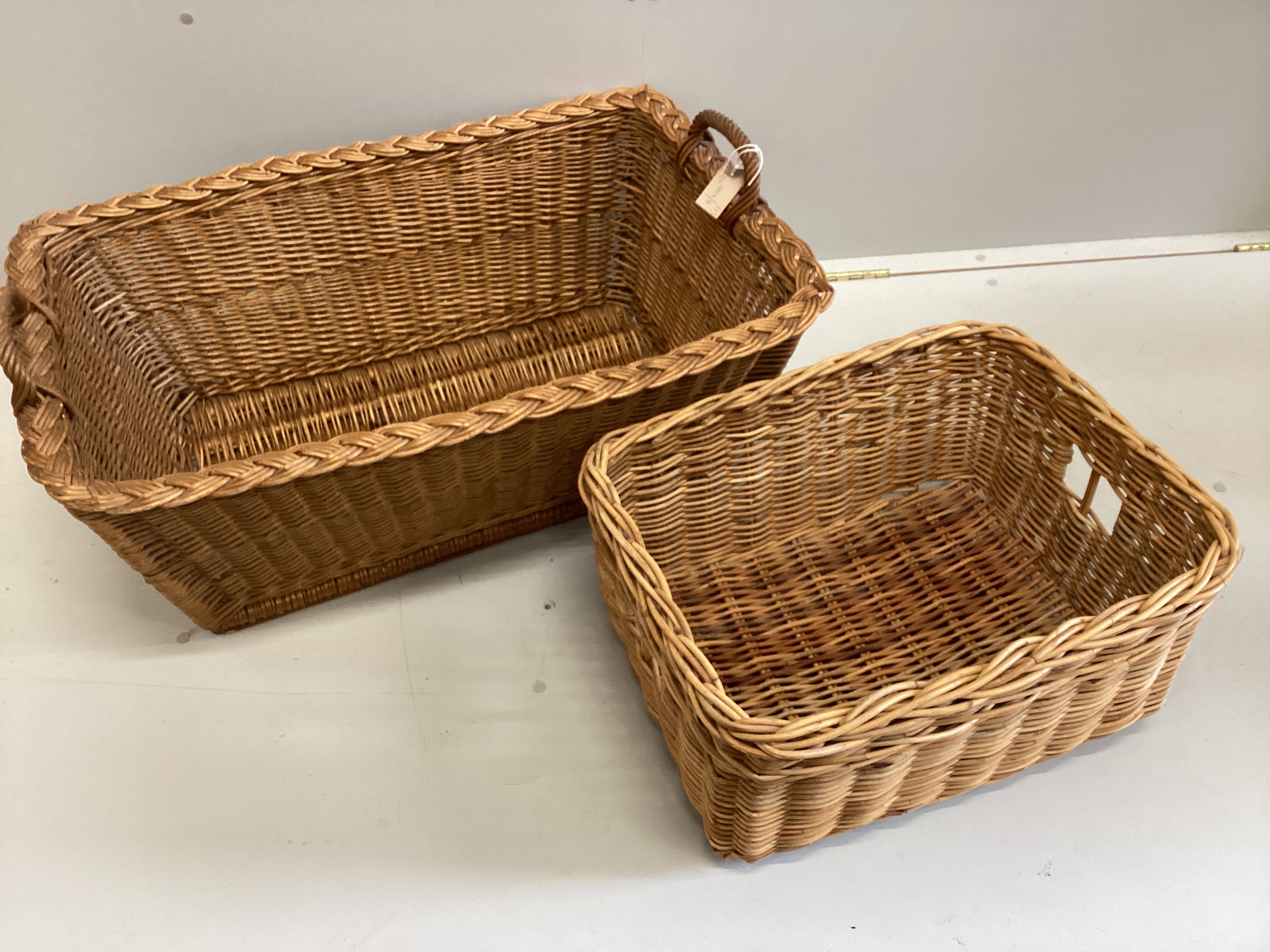 Two rectangular wicker baskets, larger width 87cm, depth 56cm